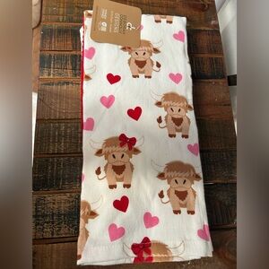 Deborah Connelly Highland Cow Valentine  Kitchen Towel Set Of 3 Hearts Bows NEW